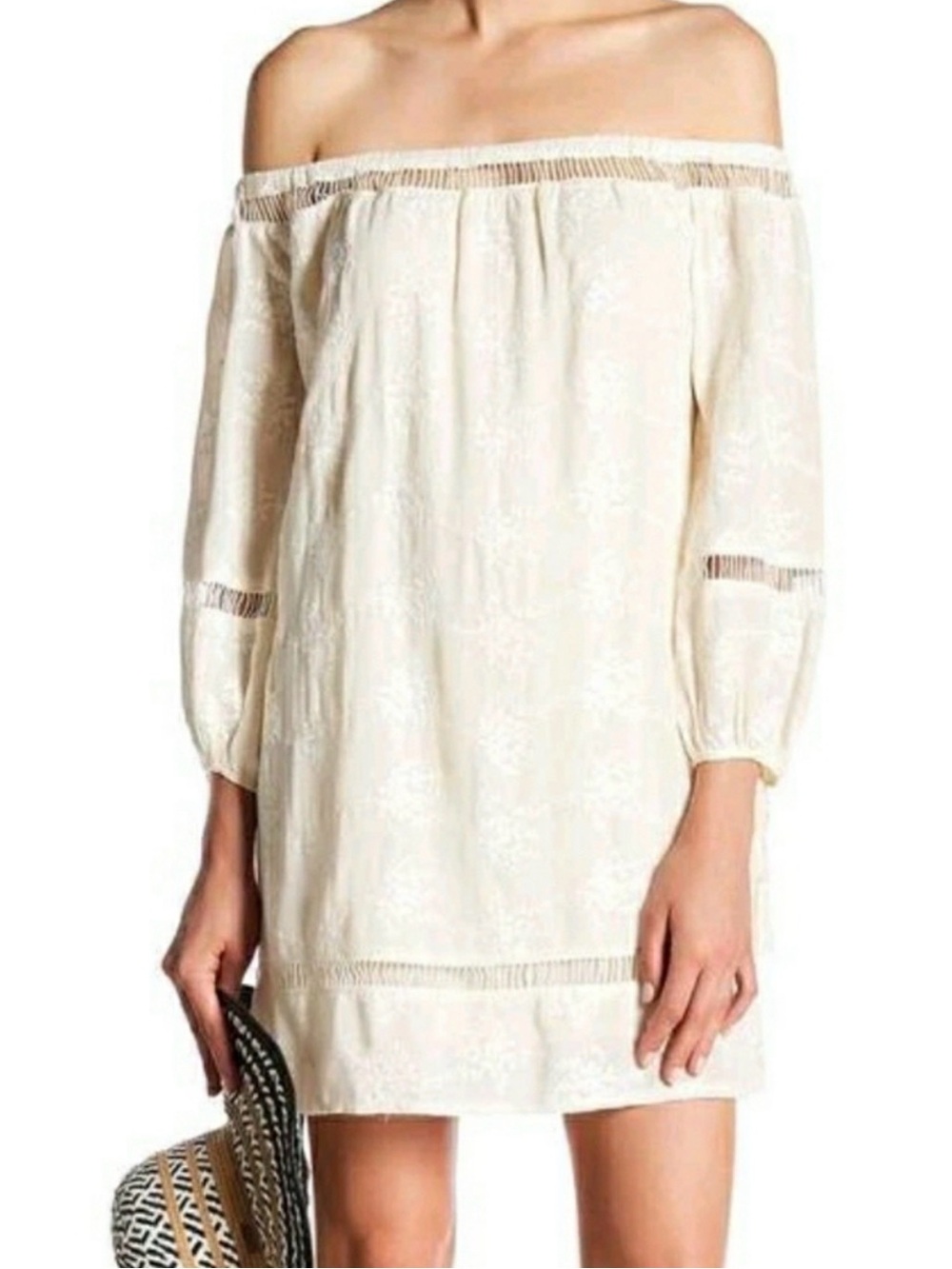 ASTR The Label Ivory Embroidered Off Shoulder Mini Dress M